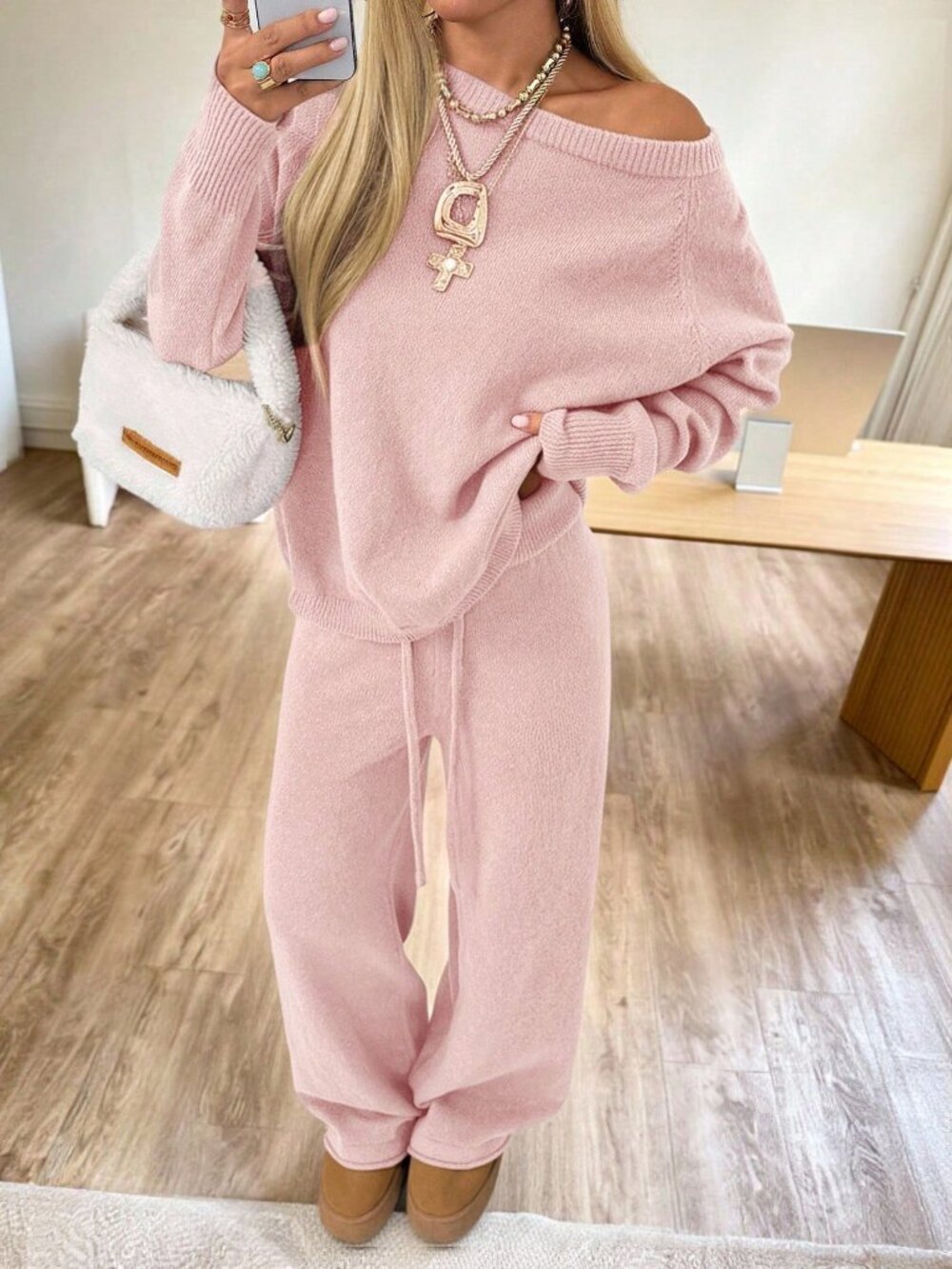 Pink Casual Women's Asymmetric Collar Long Sleeve Top And Long Pants Knit Set